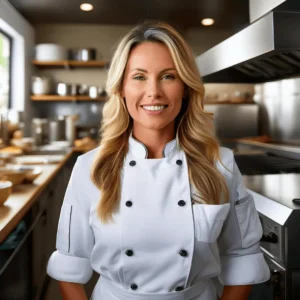 A smiling woman chef in a white uniform standing in a modern, well-lit kitchen with shelves and cooking equipment in the background.