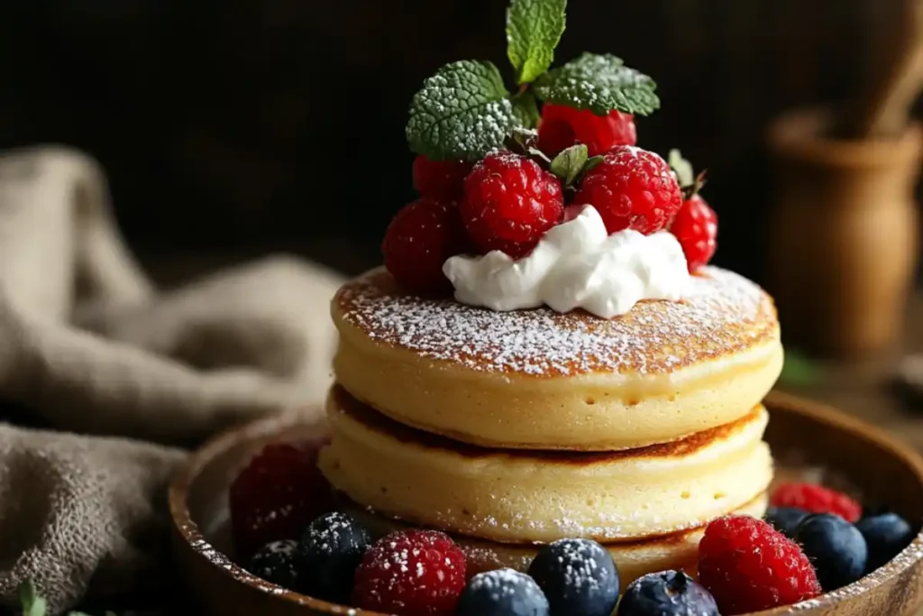 A stack of fluffy pancakes topped with fresh raspberries, blueberries, whipped cream, and a garnish of mint leaves, dusted with powdered sugar.