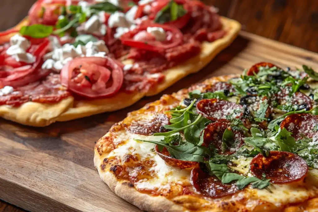 A wooden board displaying two flatbread pizzas, one with pepperoni, arugula, and cheese, and the other with tomatoes, fresh cheese, and salsa toppings.