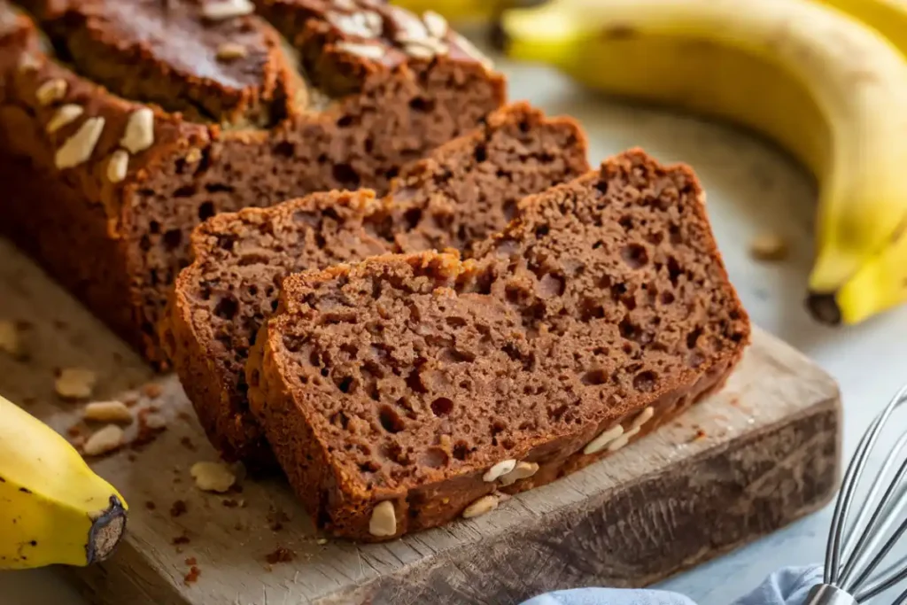 Close-up of sliced chocolate banana bread on a wooden cutting board, surrounded by ripe bananas.