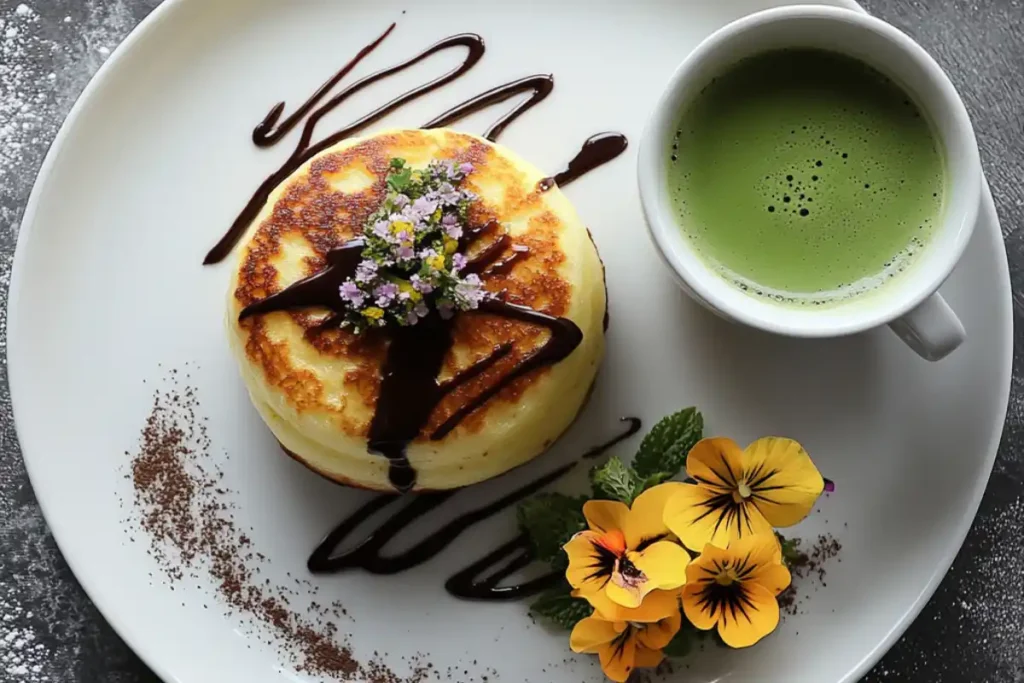 A Japanese soufflé pancake garnished with chocolate drizzle, edible flowers, and powdered cocoa, served alongside a cup of vibrant green matcha latte.