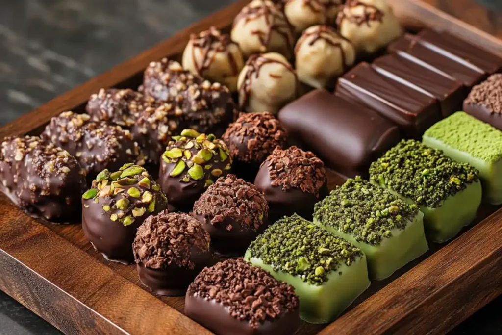 Assorted Dubai chocolates with pistachios, matcha, and dates.