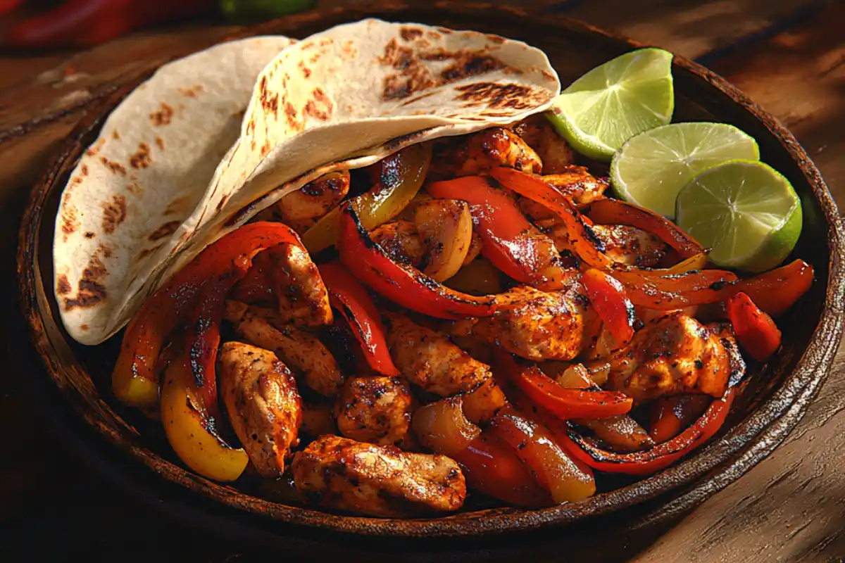 Sizzling chicken fajitas with bell peppers and onions on a rustic table.