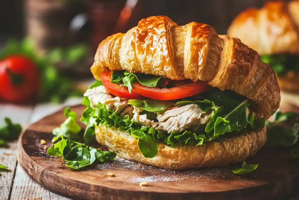 A croissant sandwich filled with chicken salad, greens, and tomato slices.