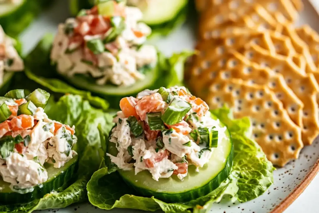 A party platter with chicken salad lettuce cups, cucumber slices, and crackers.
