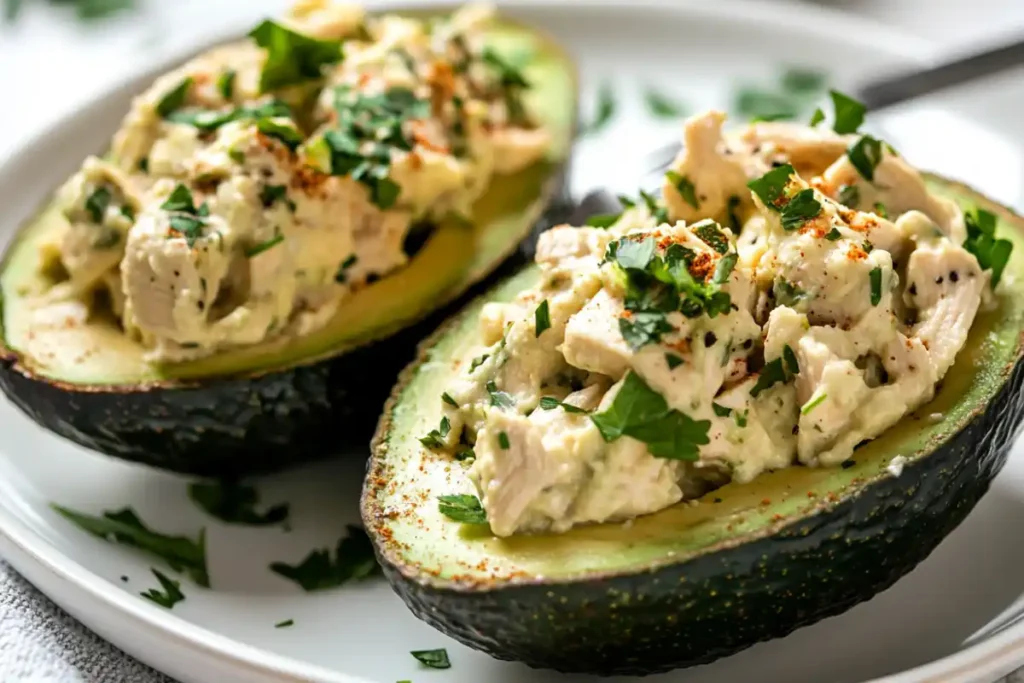 Avocado halves stuffed with chicken salad.