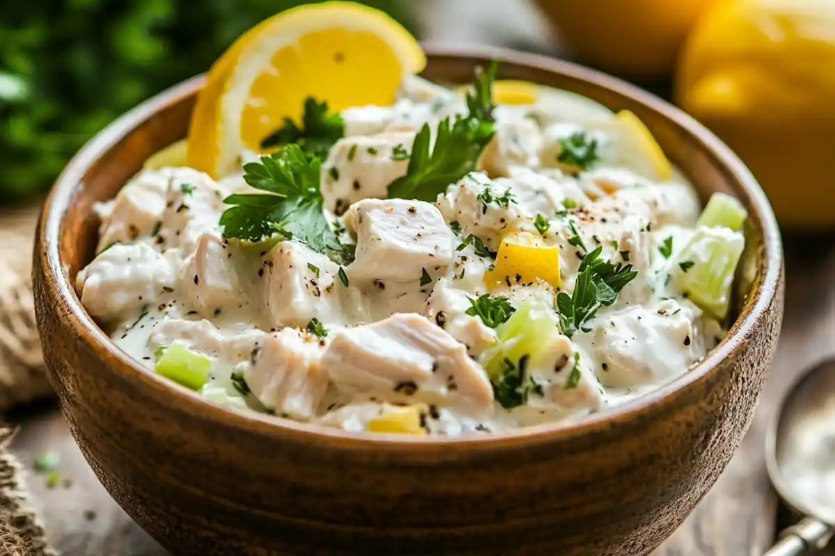 A fresh bowl of classic chicken salad on a wooden table.
