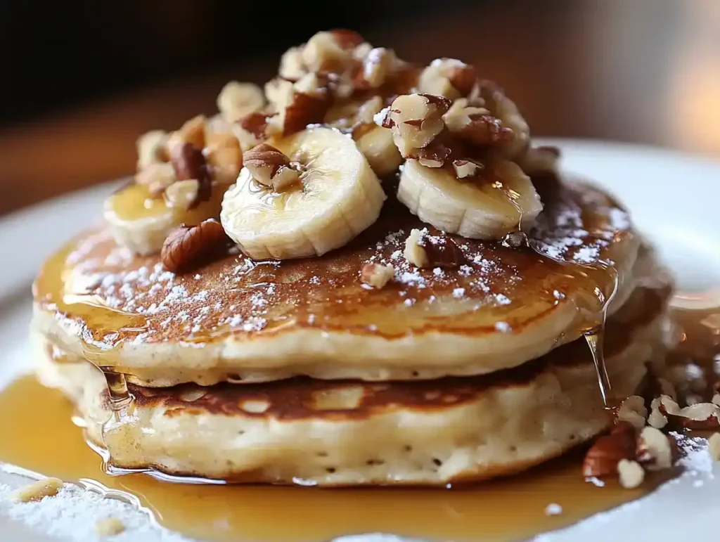 Fluffy pancakes topped with bananas, nuts, and honey