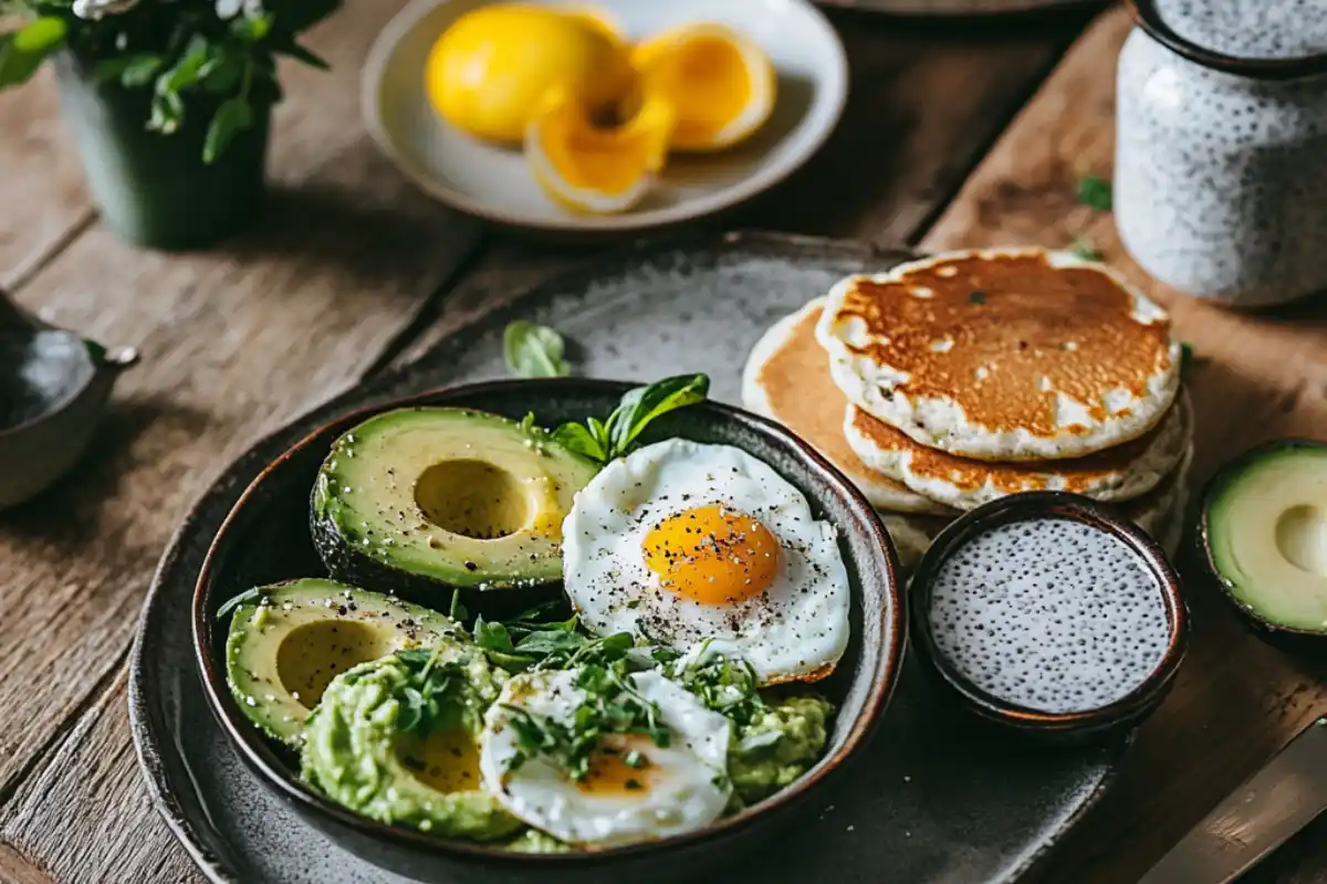 Keto breakfast table with avocado and eggs, pancakes, and chia pudding.