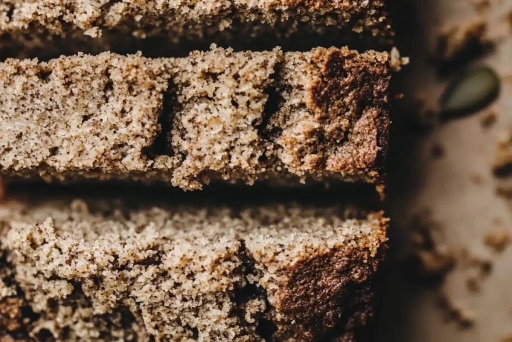 Dry Texture of Banana Bread Close-Up "Close-up view of dry banana bread slices with a crumbly texture and slightly browned crust on a parchment background."