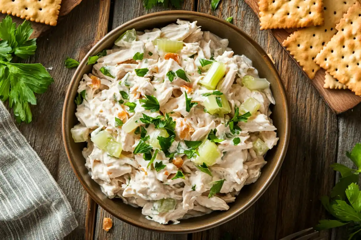 A creamy chicken salad with celery and herbs served in a bowl with crackers.