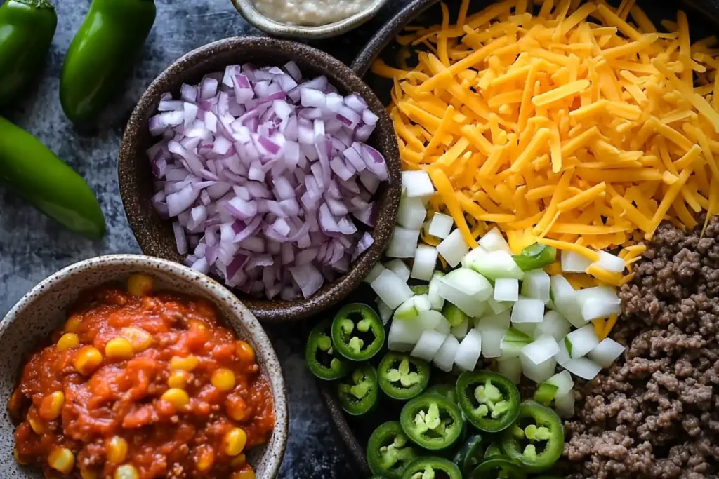 Ingredients for making a Mexicana pizza laid out on a kitchen counter.