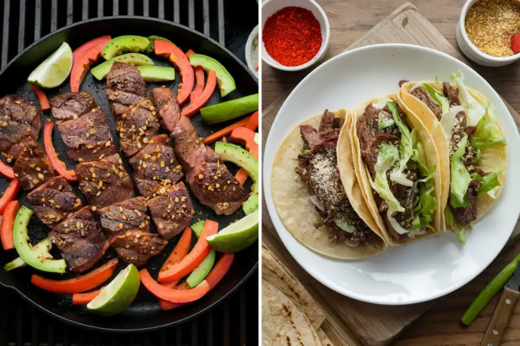 Fajitas-and-Tacos A sizzling skillet with beef fajitas and a plate of tacos filled with seasoned beef, lettuce, and cheese.
