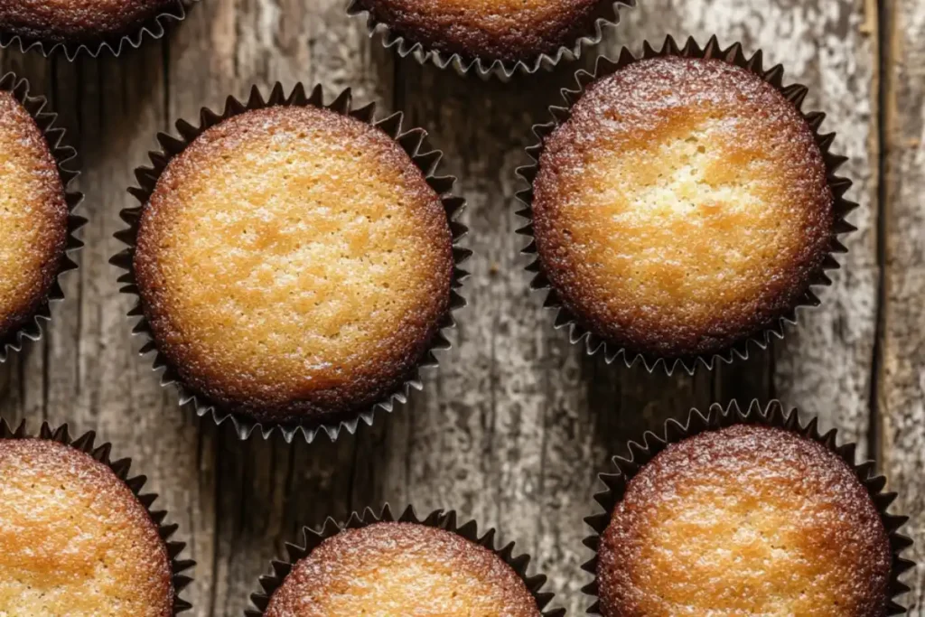 Flat Gluten-Free Muffins A close-up of perfectly baked golden-brown muffins arranged on a rustic wooden surface.