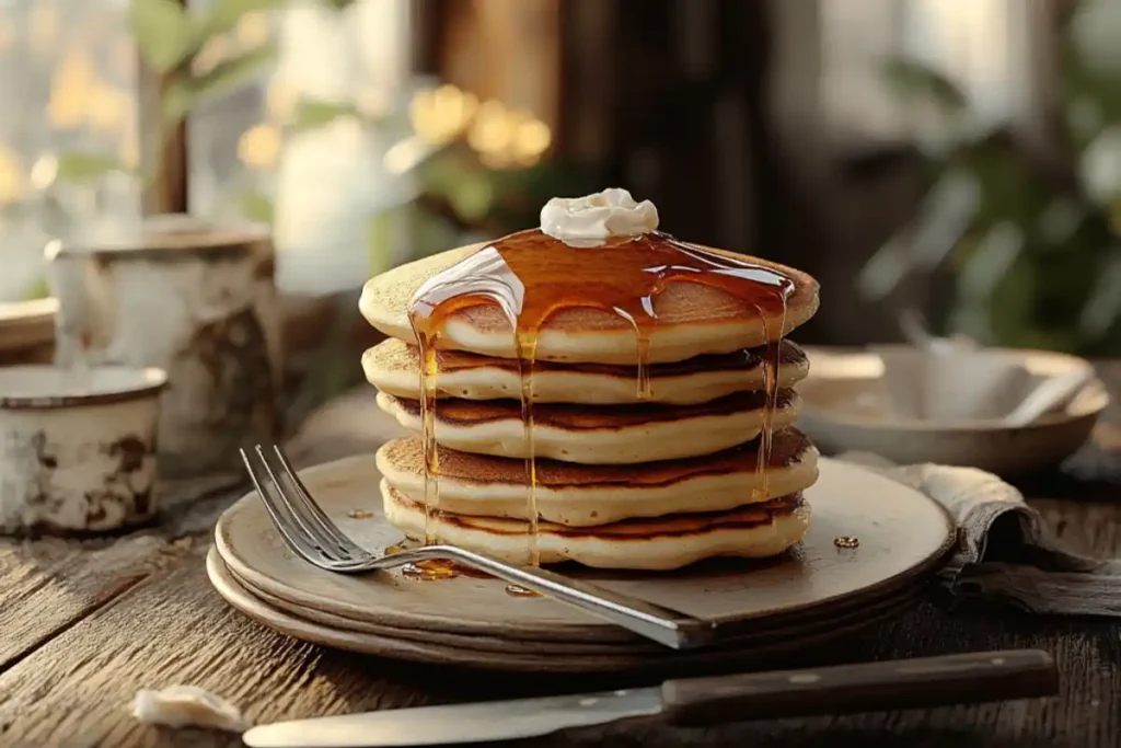 A stack of fluffy pancakes topped with whipped cream and dripping golden syrup, served on a rustic wooden table with warm sunlight streaming through the background.