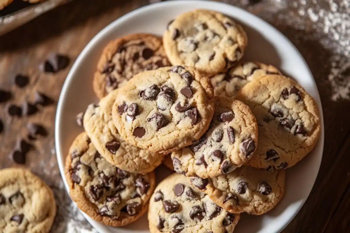 Plate of soft and chewy cookies on a wooden counter.