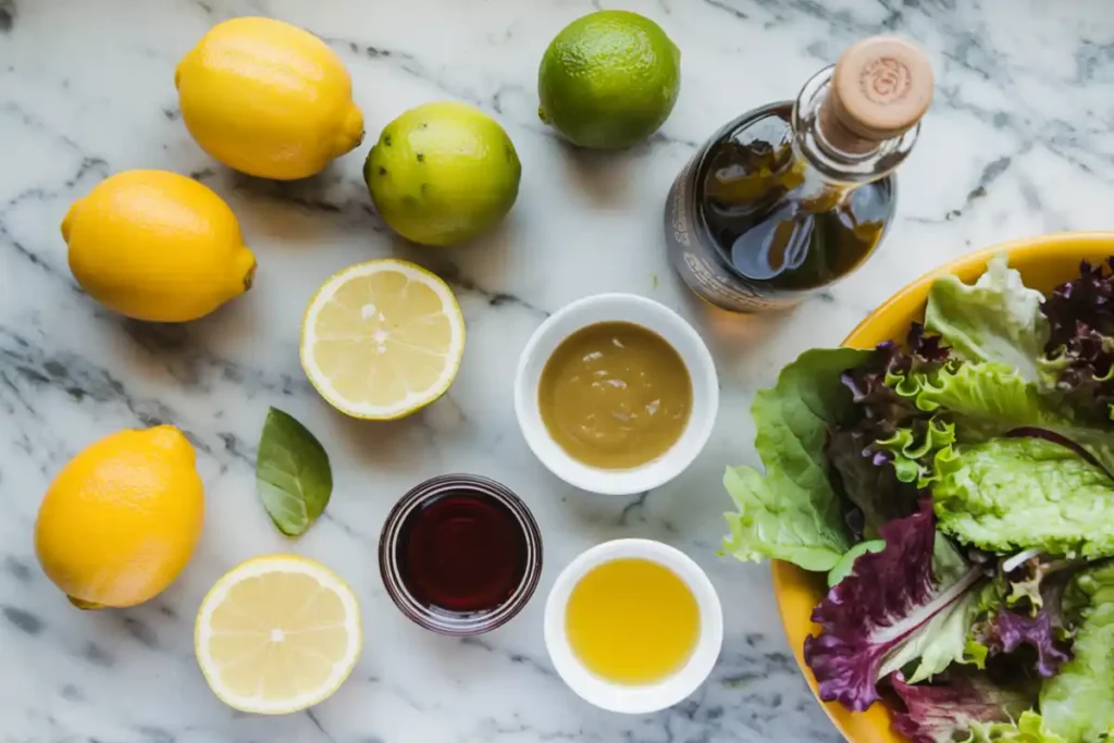 Lemon-Oil-Dressing A bottle of balsamic vinegar surrounded by lemons, olive oil, chili, and bowls of vinaigrette ingredients on a marble surface.