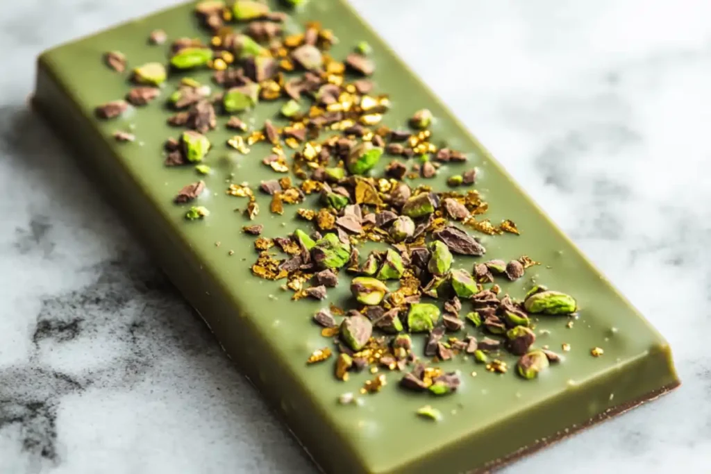 Luxury chocolate bar with pistachios and edible gold flakes.