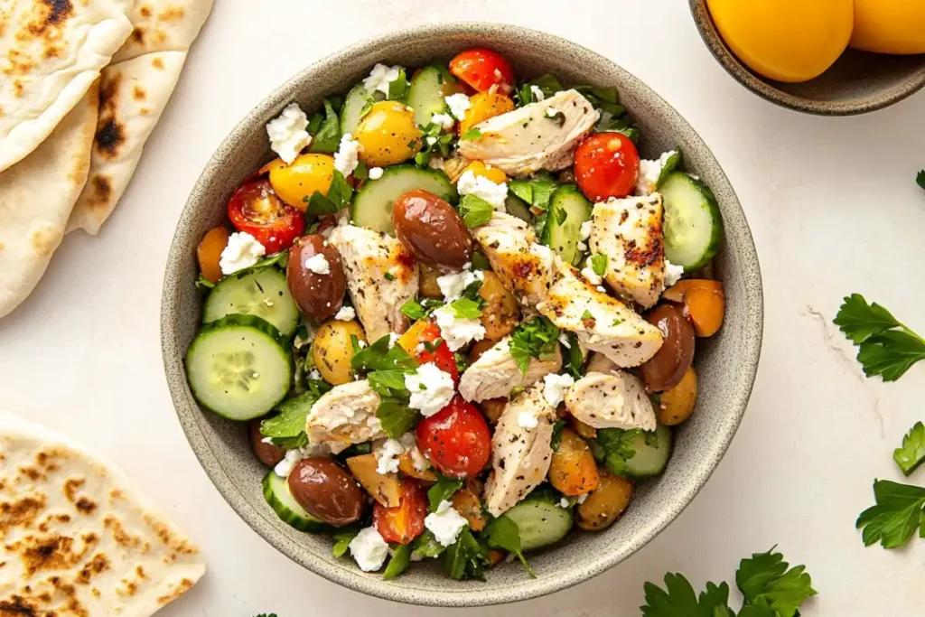 Mediterranean chicken salad with pita bread.