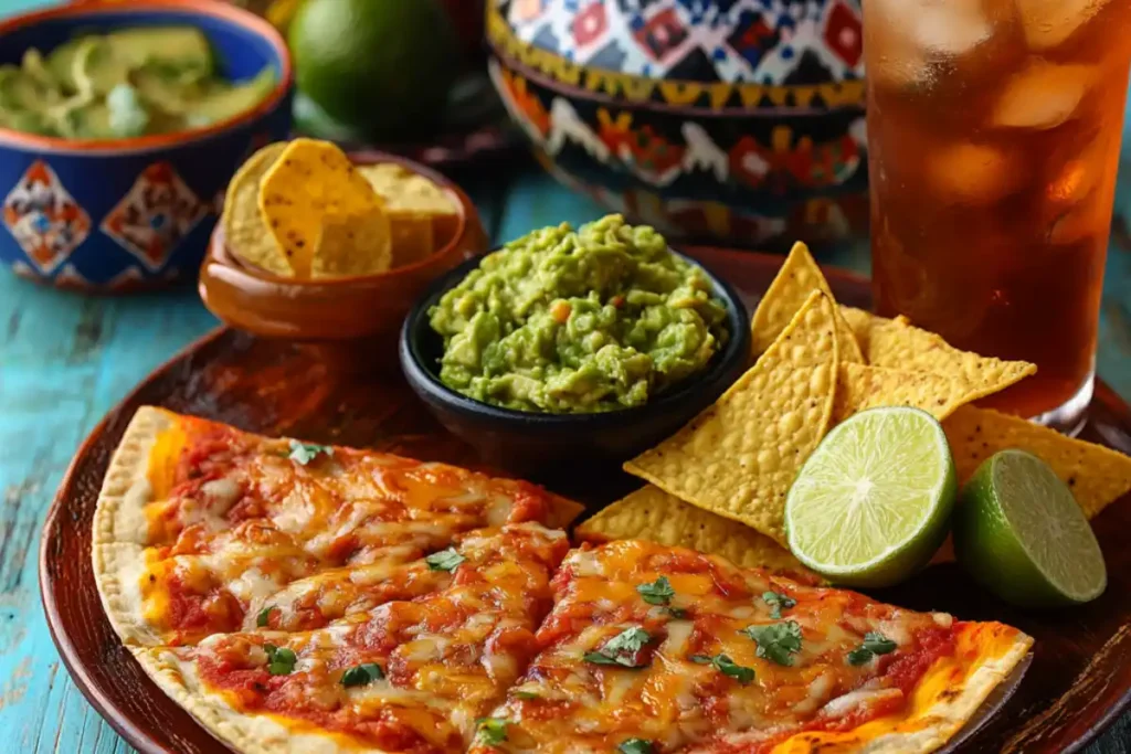 A Mexican-inspired platter featuring cheesy tortilla pizza, a bowl of guacamole, tortilla chips, lime wedges, and iced tea in a vibrant setting.