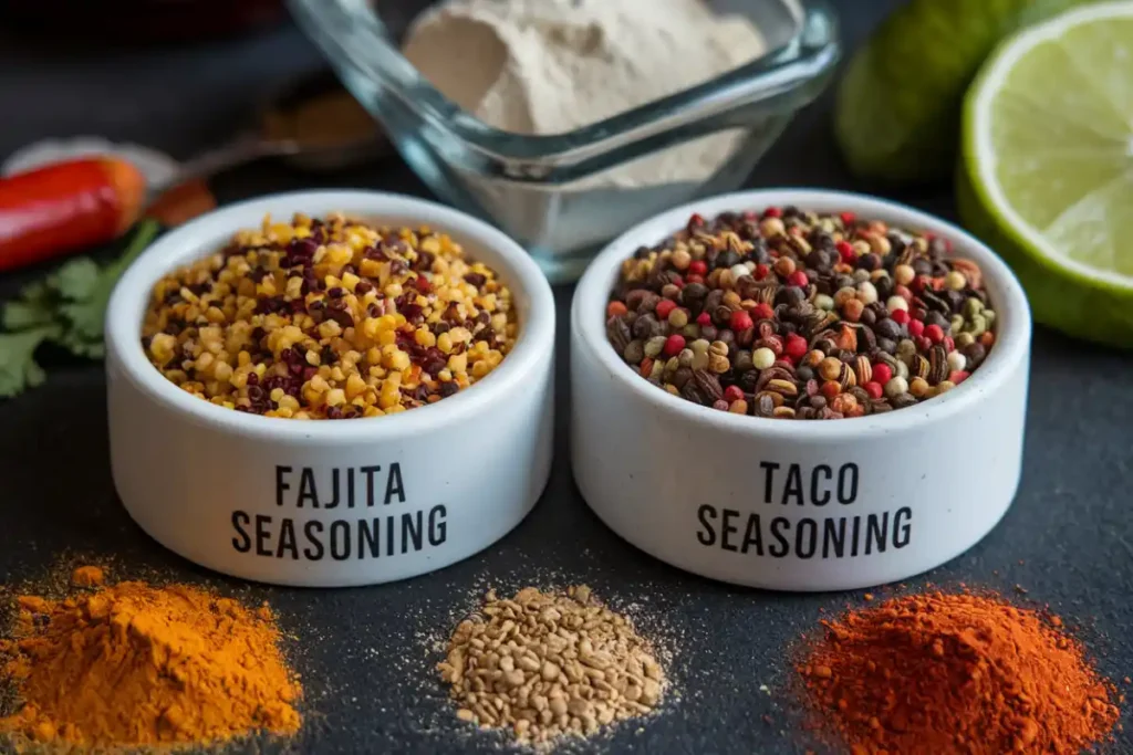 Seasoning Bowls Fajita and taco seasoning in white ceramic bowls, surrounded by colorful spices and fresh lime.