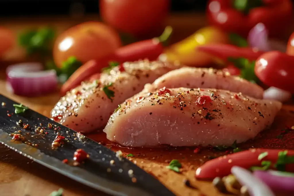 Raw chicken breasts being sliced with a sharp knife on a cutting board.