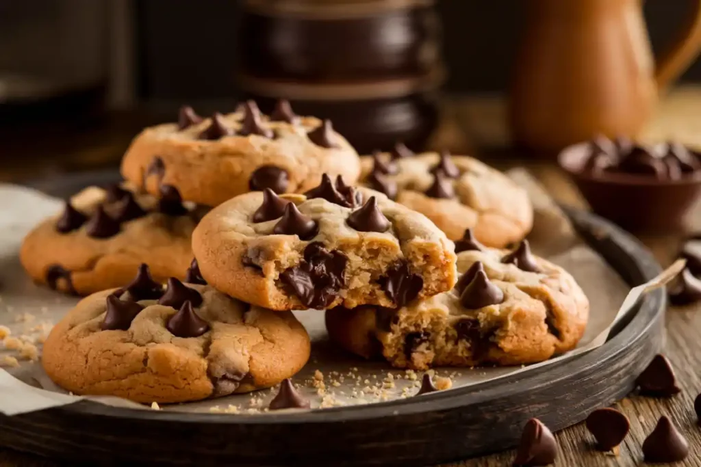 Soft chocolate chip cookies Freshly baked chocolate chip cookies stacked on a rustic plate with gooey melted chocolate inside.