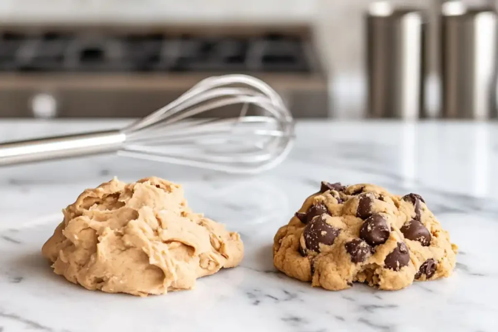 Soft and chewy cookie dough side by side on a marble counter.