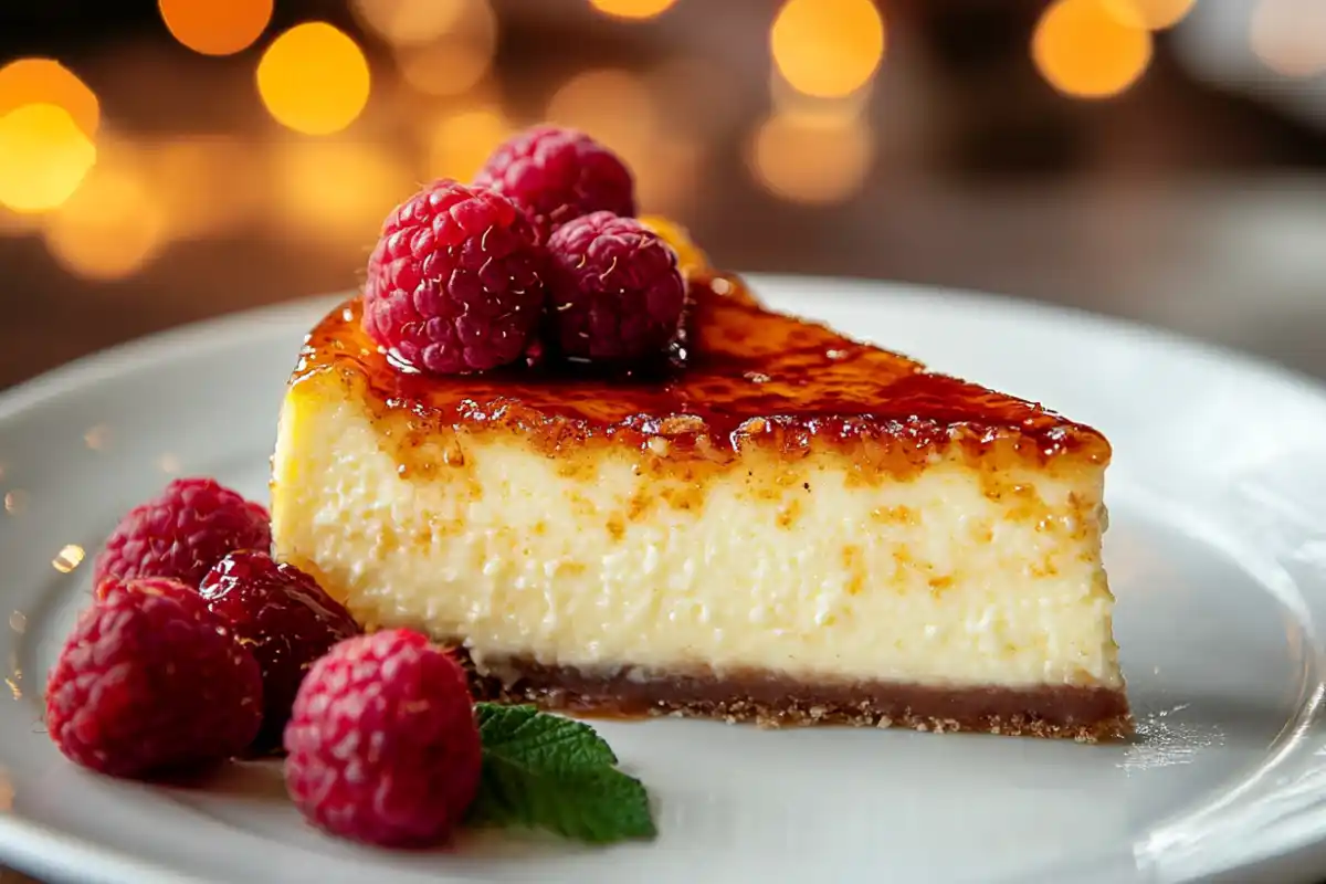 Crème brûlée cheesecake with caramelized sugar topping and wine.