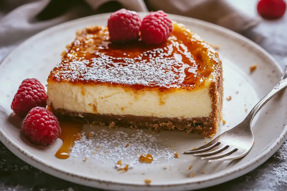 Crème brûlée cheesecake with caramelized sugar topping.