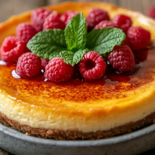 Crème brûlée cheesecake with caramelized sugar crust and raspberries.