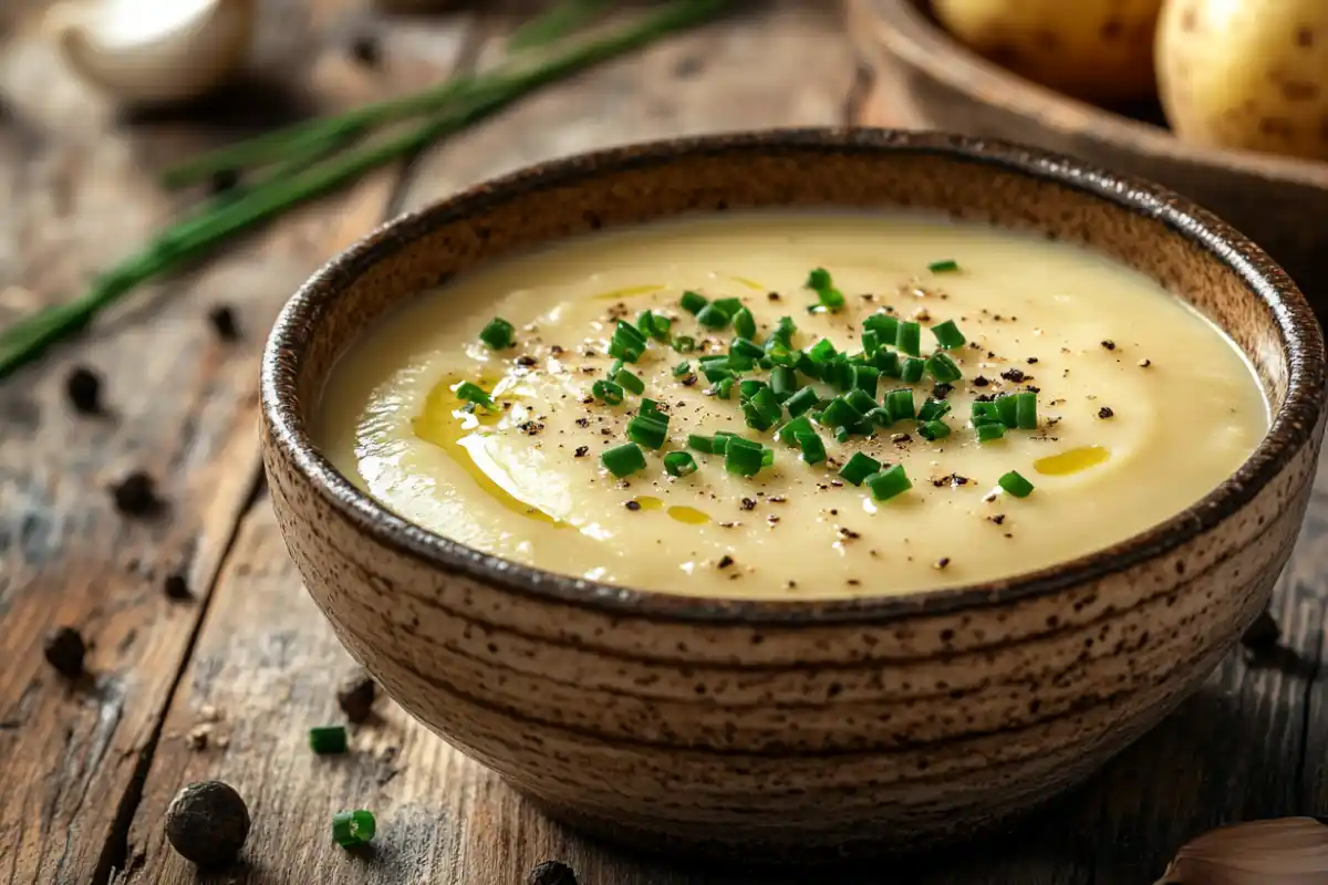 Creamy 4 Ingredient Potato Soup served in a rustic bowl