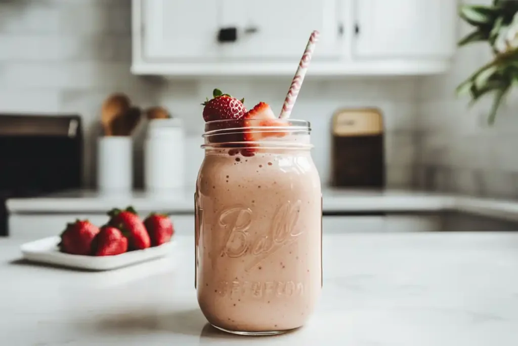 Homemade Bahama Mama smoothie with fresh fruit on a kitchen counter.