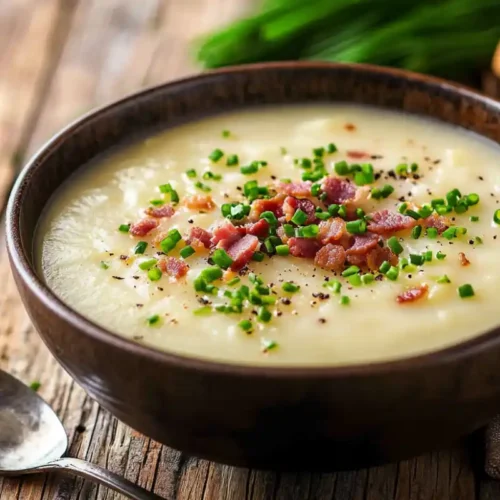A warm bowl of creamy potato soup with bacon and chives.