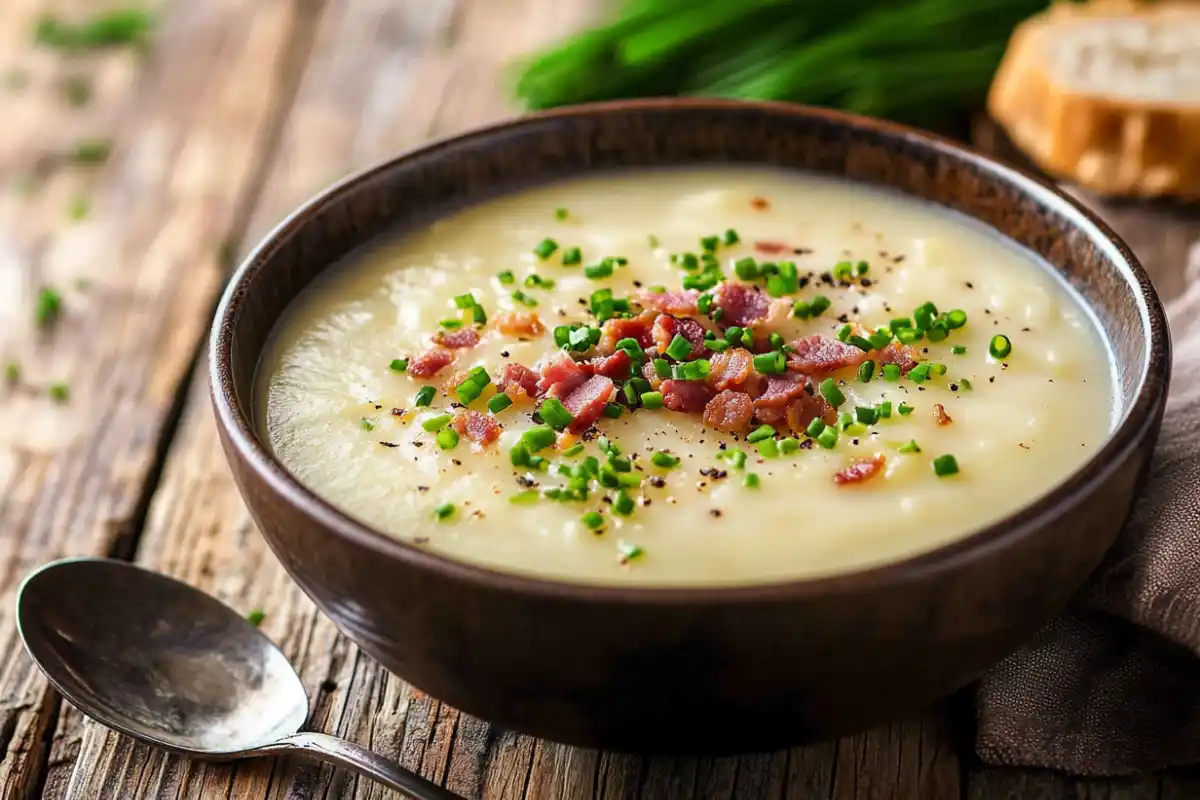 A warm bowl of creamy potato soup with bacon and chives.