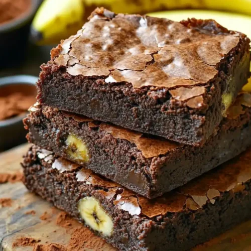 Fudgy banana brownies stacked on a wooden board with chocolate chunks.