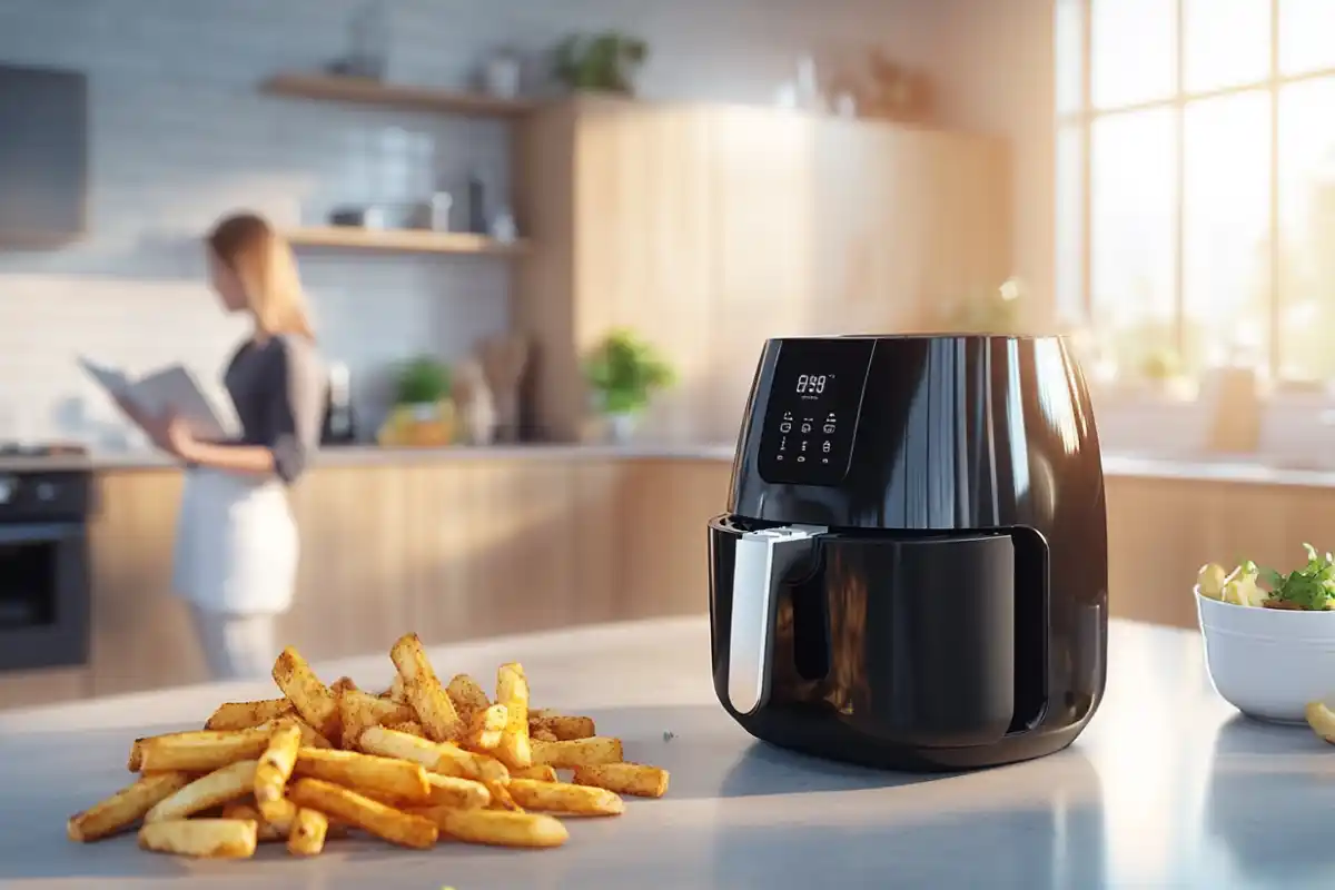 Confused person reading an air fryer manual with burnt fries