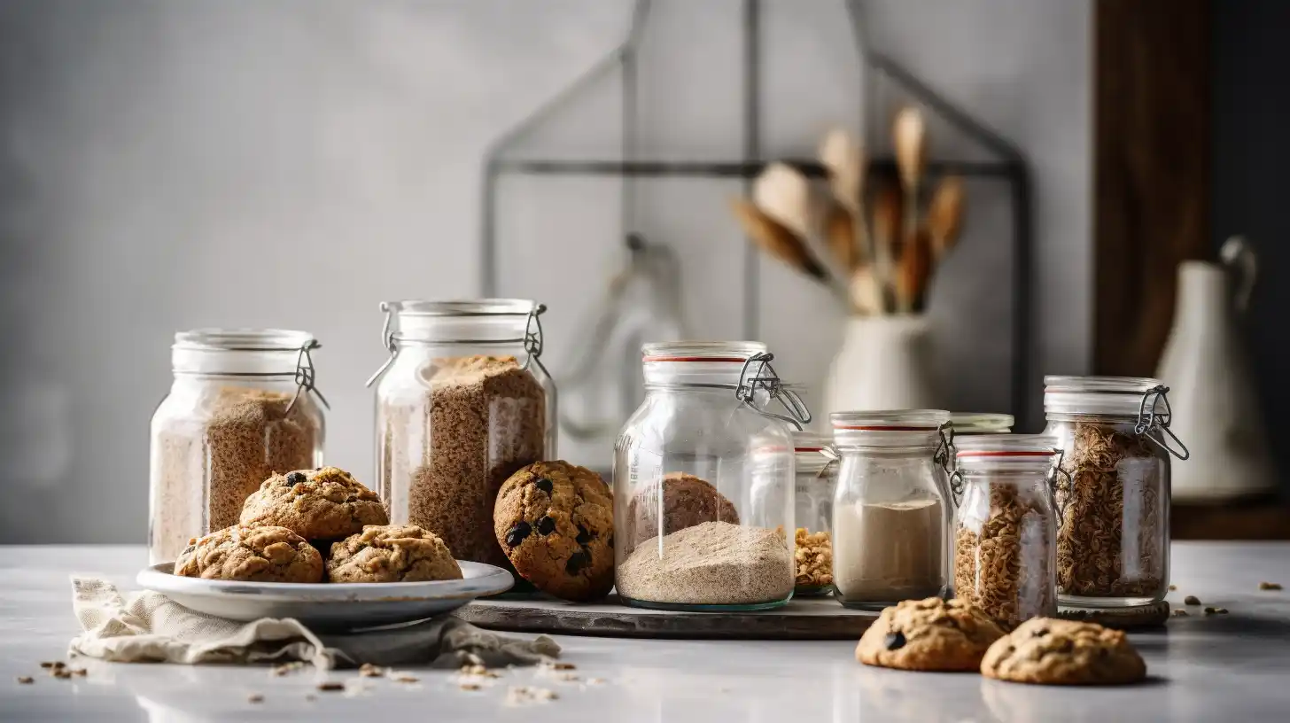 Assorted gluten-free flours in glass jars with freshly baked muffins on a marble countertop in a rustic kitchen setting