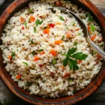 Cooked quinoa rice blend in a wooden bowl with a spoon.