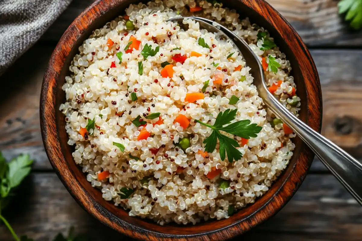 Cooked quinoa rice blend in a wooden bowl with a spoon.