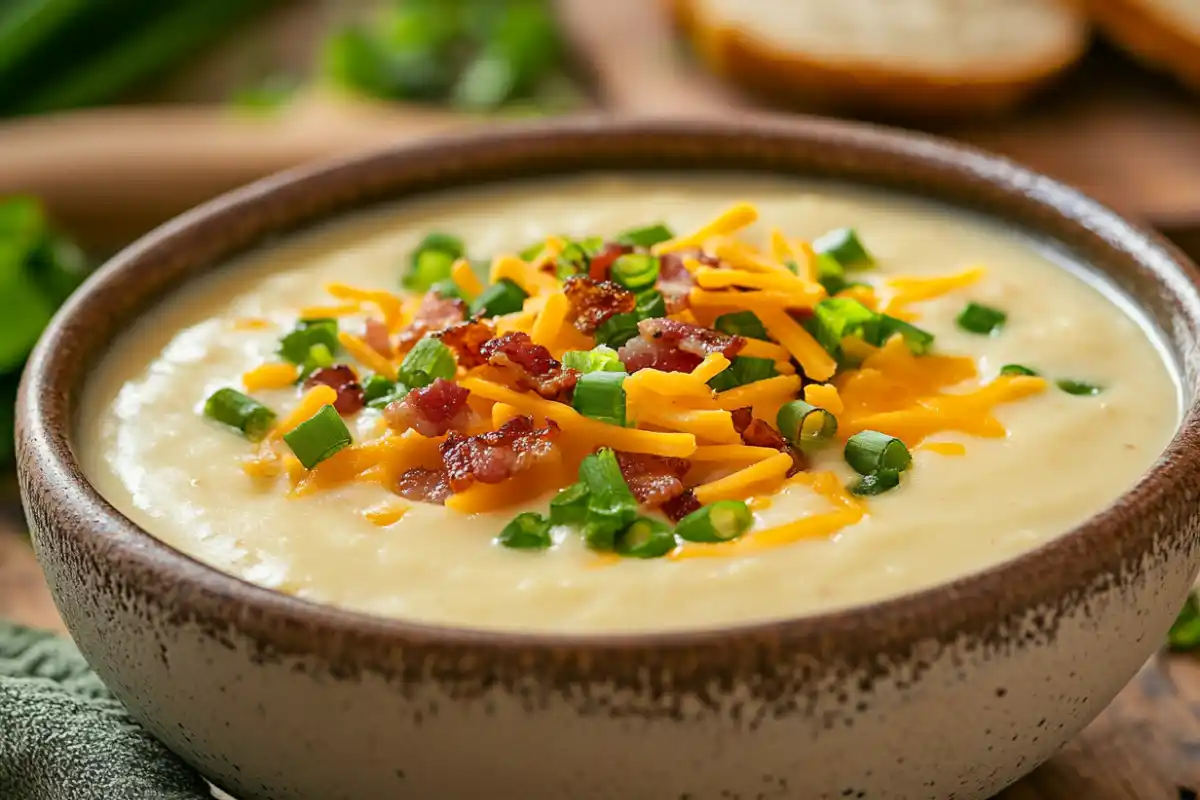 Creamy hash brown potato soup topped with bacon and cheese