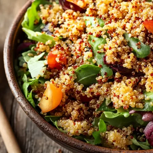 Close-up of crispy toasted quinoa in a bowl with salad.
