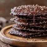 Homemade chocolate quinoa crisps stacked on a plate