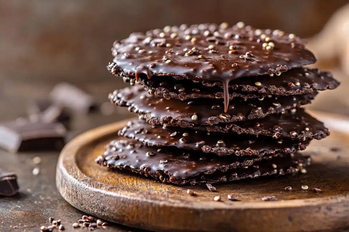 Homemade chocolate quinoa crisps stacked on a plate