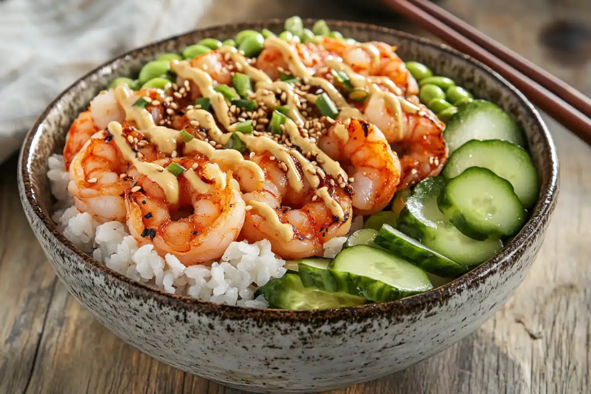 A fresh shrimp poke bowl with colorful toppings and sauce.