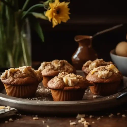 Freshly baked gluten-free banana bread muffins topped with banana slices and crumb topping on a serving tray, with eggs, bananas, and tea in the background.
