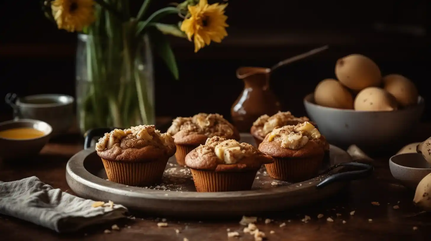 Freshly baked gluten-free banana bread muffins topped with banana slices and crumb topping on a serving tray, with eggs, bananas, and tea in the background.