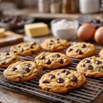 Freshly baked Nestle chocolate chip cookies cooling on a wire rack.