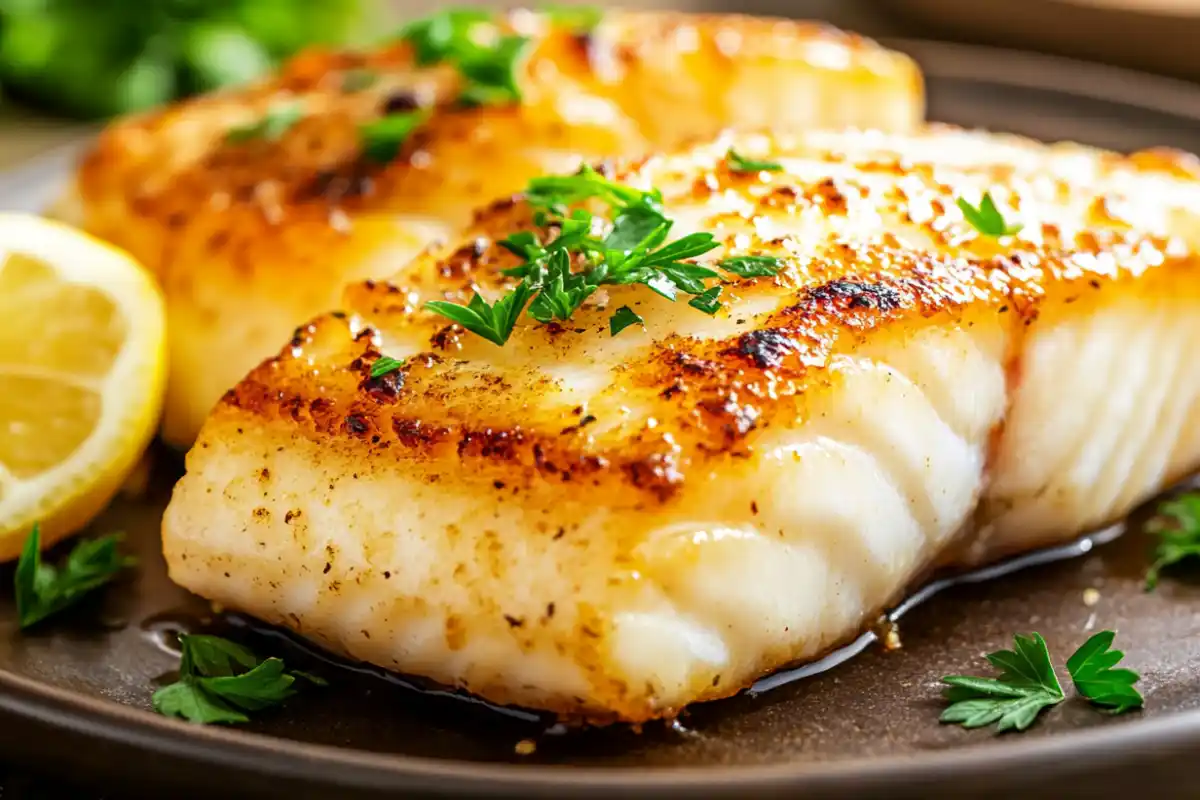 Pan-seared halibut cheeks with fresh herbs and lemon.