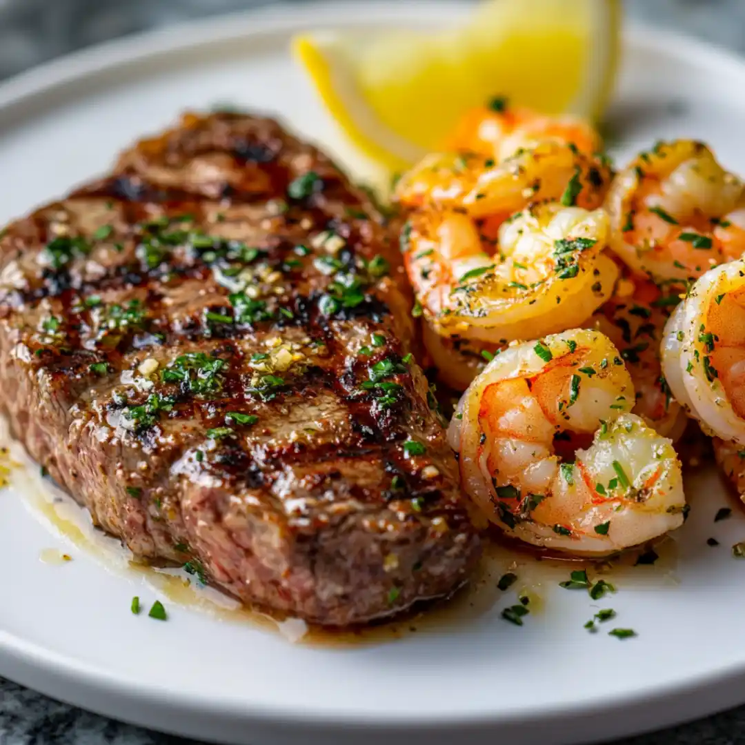 Grilled steak and shrimp plated with garlic butter sauce